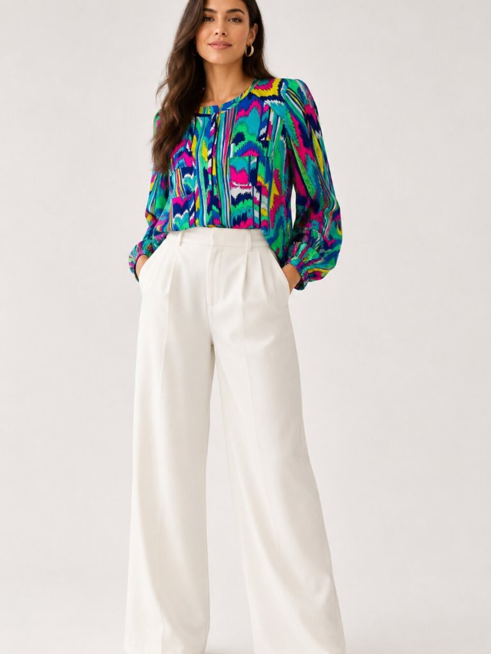 Alice & Trixie Psychedelic Print Artsy Silk Blouse Roll Tab Sleeve Size M